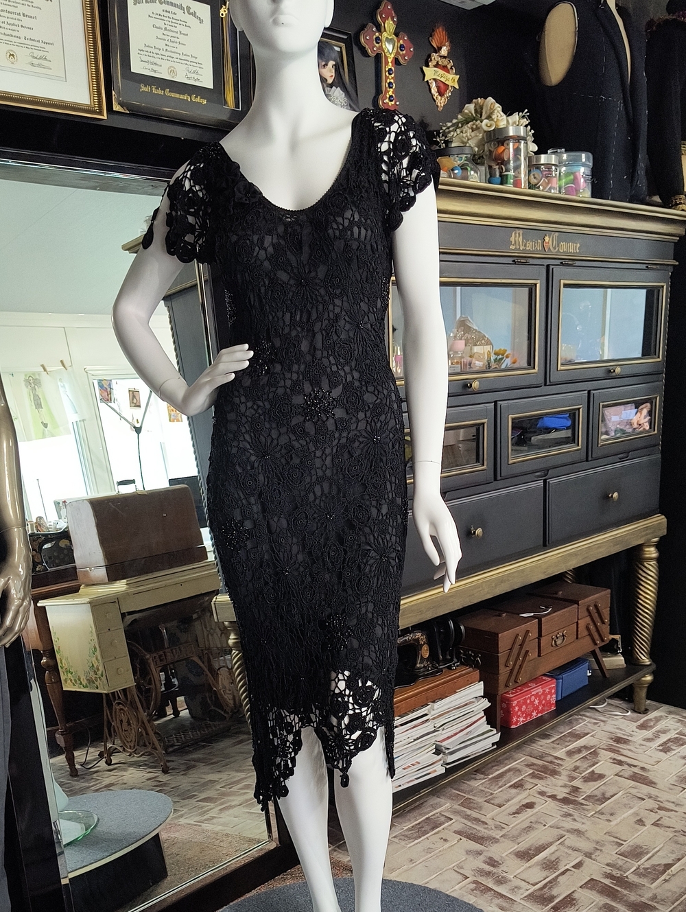 Vintage Black Crochet Lace Mini Dress